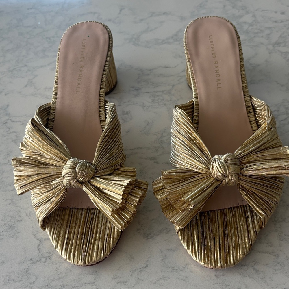 Loeffler Randall Emilia Metallic Gold Bow heels size 10